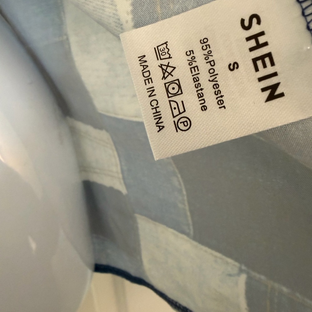 Blue and White Patchwork denim look top long sleeve button down - Picture 4 of 5